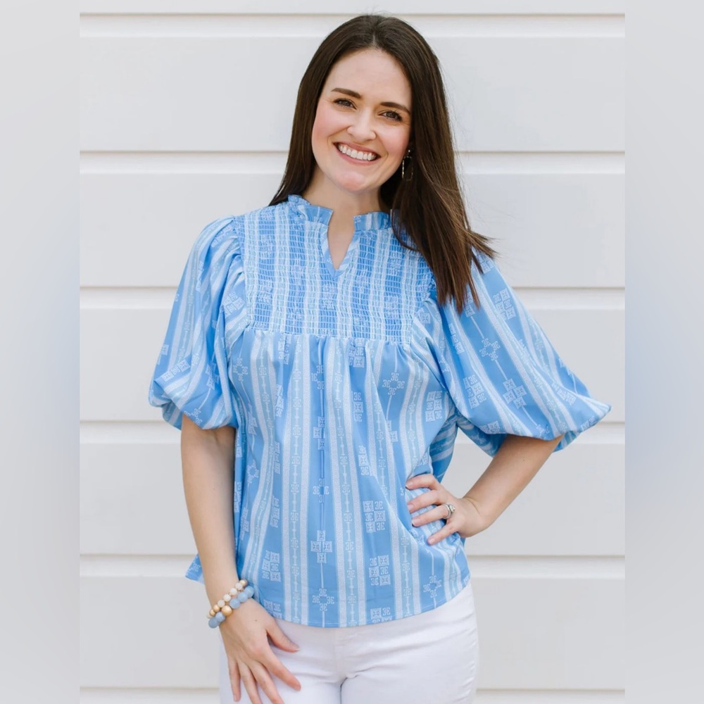 Michelle McDowell Santorini Blue Smocked Jona  Blouse Size Small